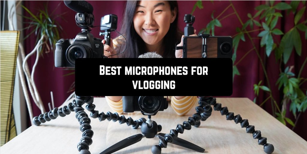  A young woman smiles at the camera while holding a camera and a smartphone; text overlay: 'Best Microphones for Vlogging'.